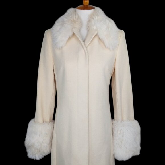 Express Wool Coat Size 5/6 Ivory Faux Fur Collar Cuffs Dressy Penny Lane Vintage - Picture 3 of 16